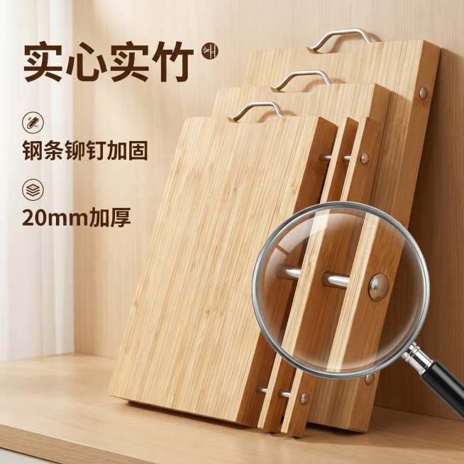 [主图 2] 楠竹菜板核心卖点展示，突出钢条铆钉加固工艺。[氛围风格] 温馨舒适家居治愈风，干净明亮的自然光。[画质] 商业摄影质感、光线柔和通透、产品清晰真实、画面干净高级。[元素] 楠竹菜板斜侧放预览效果