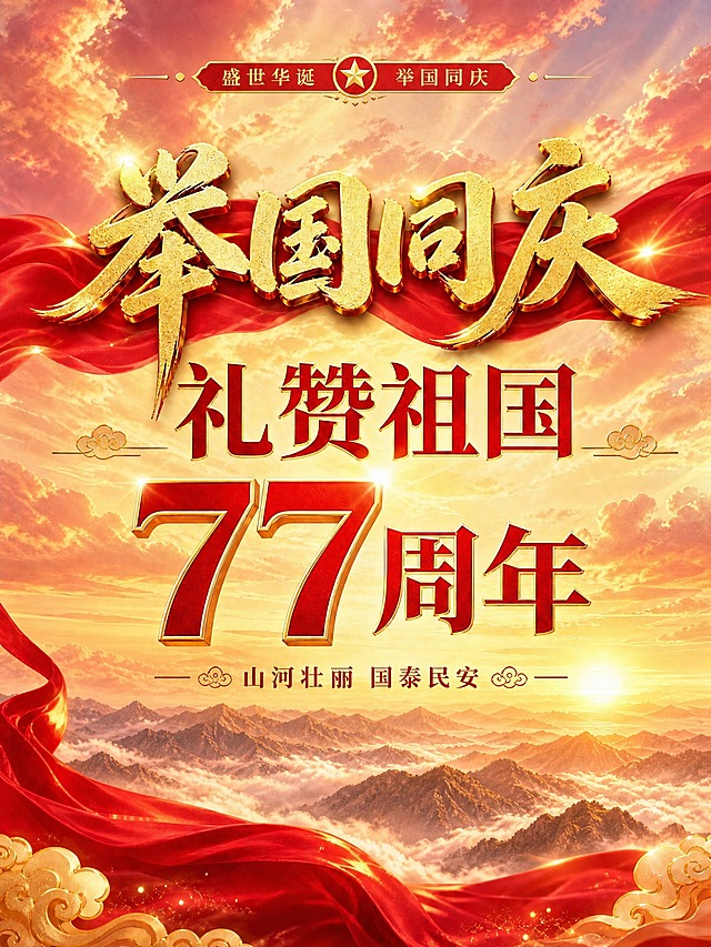 在原图基础上去掉所有长城元素，将底部的长城替换为连绵的壮丽山川和云海，保留山河远景的大气感。其他元素保持不变：顶部"盛世华诞 举国同庆"小标栏、金色立体"举国同庆"主标题、红色"礼赞祖国"副标题、红色金边"77周年"数字、"山河壮丽 国泰民安"底部装饰文字、红色飘带、祥云装饰、霞光满天的天空背景全部保留。整体红金大气国潮风，喜庆庄重，排版精美，四周留安全边距。