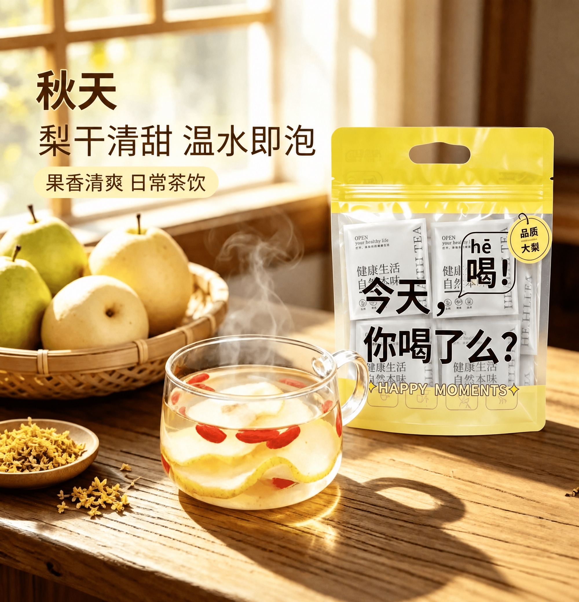 将图中右侧透明黄色包装袋内的所有小茶包替换为第二张图中的白色小… - 图片创意预览