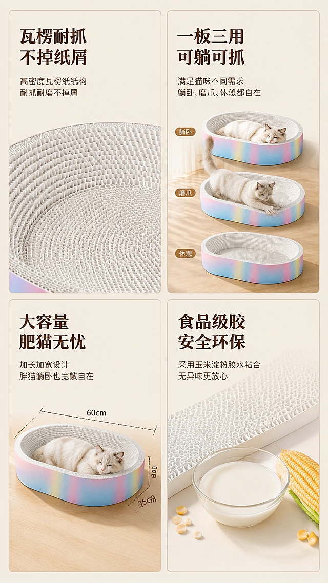 「图片1」「图片1」「图片1」生成一套详情页，商品名称为多功能猫抓板，适配淘宝/天猫平台，单图比例为9:16，需求屏数为8张。
1.产品名称：多功能猫抓板
2.核心买点：瓦楞纸耐抓，不掉屑，一板三用，可躺可抓，肥猫无忧，家具的救星
3.适合人群：多猫家庭，喜欢磨爪，破坏家具，喜欢睡快递壳，因为这个产品够高9cm，满足猫猫喜欢睡快递箱乐趣
4.希望场景：家具室内，原木暖暖色系
5.天然食品级别玉米胶
6.产品信息 需要详细说明  图片+表格形式
规格       尺码      尺寸        建议体重