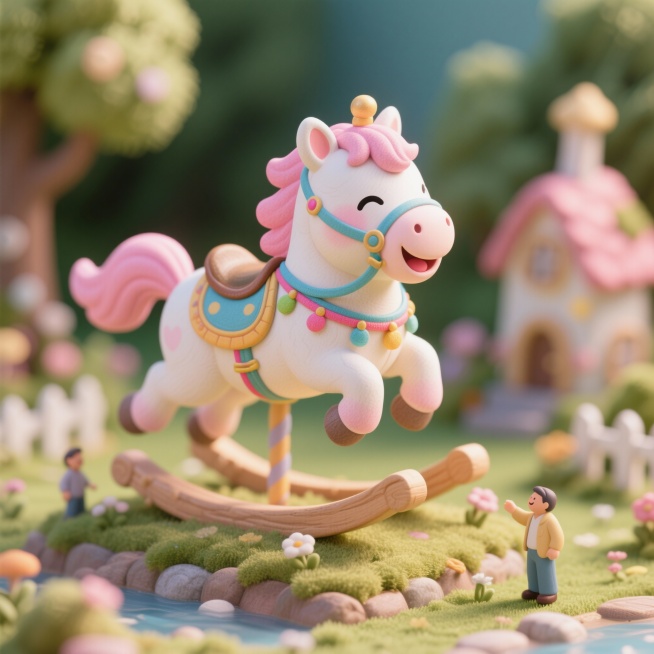 以水彩风格绘制，笔触极为细腻，呈现出一只可爱的Q版小胖马飞跃，眼睛眯起来笑，它有着粉色的毛发，身上有好看彩色的缰绳马鞍配饰整体造型萌趣十足，美好寓意，可用于装饰用途预览效果