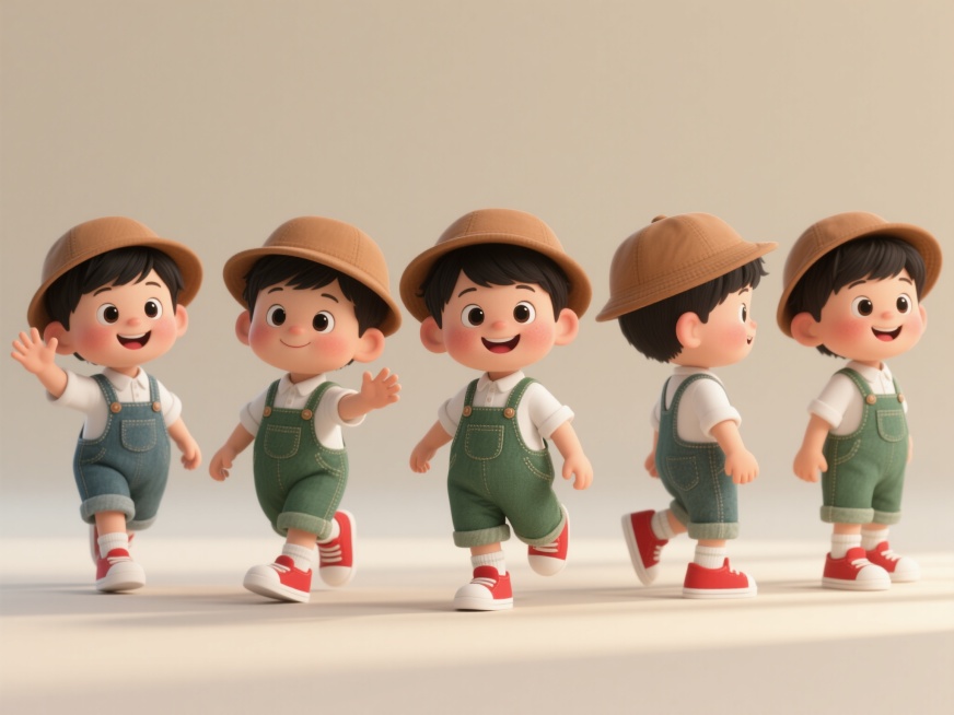 六个3D动画风格的亚洲男孩角色，年龄约一岁，排列在单个框架中。每个男孩姿势不同：挥手、跳跃、行走、站立、转身、微笑。统一穿着棕色渔夫帽、白色衬衫、苔绿色牛仔背带裤、红色鞋子、白色袜子，黑色短发。五官圆预览效果