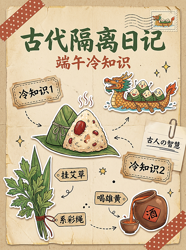 一张手帐拼贴风格的小红书封面，纵向构图，设计主题为“端午节冷知识科普”，整体气质文艺可爱、活泼有趣。背景：做旧米黄色牛皮纸质感，有轻微纸张纹理、折痕和泛黄边缘，像一本被翻阅过很多次的复古手帐本。核心插画元素（手绘风格）：画面中央偏左：一只切开的粽子，露出糯米、红枣和红豆，冒着热气♨️，画风Q版可爱；画面右上角：一艘Q版龙舟，舟上坐着几个小粽子人划桨，表情搞怪😆；画面左侧边缘：一束艾草和菖蒲捆绑在一起，用红色细绳系住，叶片脉络清晰；画面右下角：一个小陶罐装着雄黄酒，罐身写着“酒”字，旁边倒出一小杯。手帐装饰元素：砖红色波点和纸胶带斜贴在画面左上角和右下角；做旧标签纸（复古米色）标注“冷知识1”“冷知识2”，用黑色虚线框圈出；复古邮票（龙舟图案）贴在右上角，带有邮戳印记；手绘箭头、虚线连接线、星星✨和圆点散落装饰，增加视觉引导；复古回形针📎夹住一张便签纸，便签纸上写“古人の智慧”。文字排版：主标题：“古代隔离日记”用手写体（毛笔或马克笔质感），墨绿色，字号偏大，放在画面中上方；副标题：“端午冷知识”用手写体，砖红色，字号中等，放在主标题下方；正文关键词如“挂艾草”“喝雄黄”“系彩绳”用标签贴形式分散在对应插图旁边；字体统一为手写感字体，避免标准黑体/宋体，以保持整体手帐感。质感细节：所有插画边缘带有轻微手绘抖动线条（非完美直线），模拟手绘感；纸张纹理覆盖整个画面，透明度30%-40%；部分元素带有轻微的投影，增加拼贴的立体层次。色调：以米黄色为基底，墨绿和砖红为主色，暖棕为辅色，整体饱和度中等偏低，舒适耐看。风格标签：手帐拼贴风、国潮插画、复古手绘、小红书封面