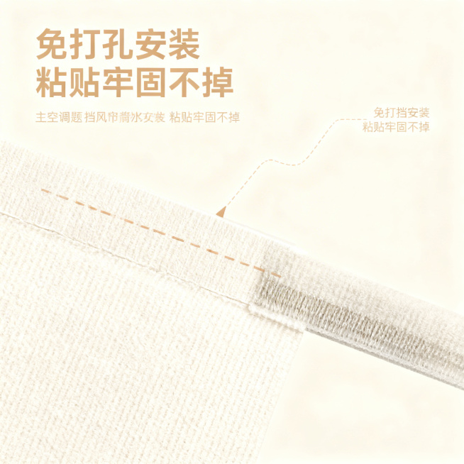 垫图为用户上传的空调挡风帘图片。主图主题：空调挡风帘安装魔术贴细节展示。氛围风格：清新简约，柔和自然光，清晰展示工艺细节。画面元素：特写展示挡风帘背部的魔术贴安装部位，放大展示魔术贴的牢固工艺，背景为预览效果