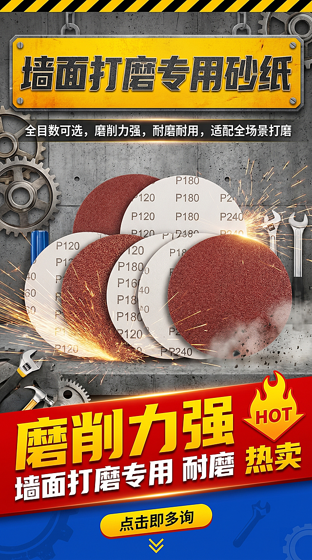 电商店铺装修海报，产品是圆形砂纸，展示产品细节，主标题'墙面打磨专用砂纸'，副标题'全目数可选，磨削力强，耐磨耐用，适配全场景打磨'，风格工业风，黄红蓝撞色设计，清晰突出产品，热销氛围，用于淘宝京东店铺首页装修