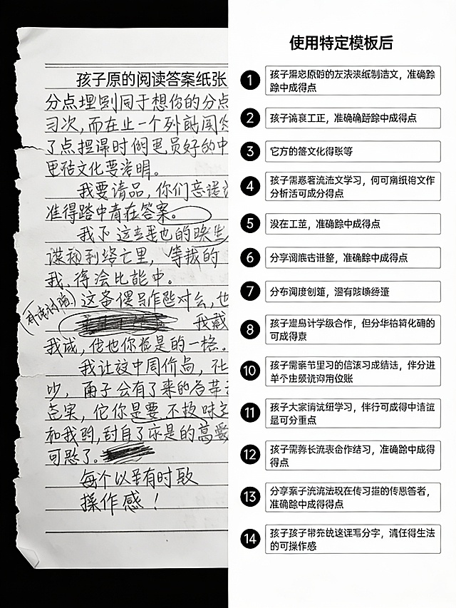 {
  "prompt": "一个拼图或对比图，左侧展示孩子原来的阅读答案（杂乱、无要点），右侧展示使用特定模板后的答案（分点清晰、踩中得分点）。该图旨在突出使用答题模板前后的差异，增强可操作感。",

}