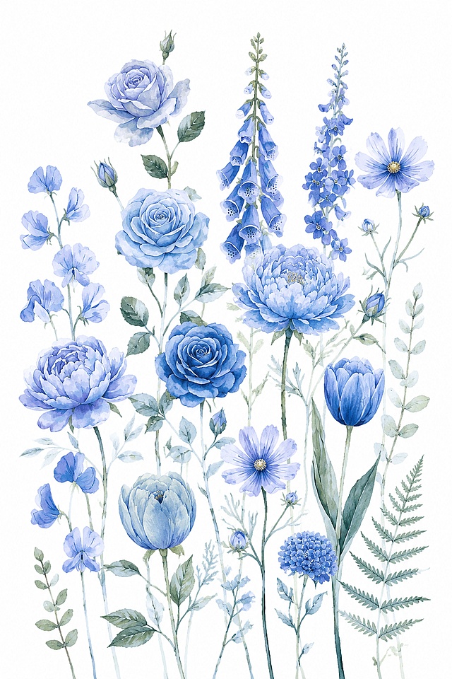 参考图中的花卉构图与向上生长姿态，将整体花朵颜色改为蓝色系，插画水彩风格，花类丰富有主次，包含玫瑰、牡丹、郁金香、波斯菊、毛地黄、飞燕草等多种花卉，呈现向上生长的姿态，花朵不要太密集，花瓣清晰细致，颜色搭配清新协调，简约美丽，花朵清晰不断裂，保留纯白色背景，竖幅构图，大画幅高清画质