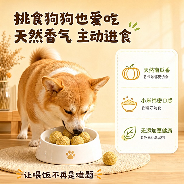 [主图-4] 挑食狗狗进食场景，主题：挑食狗狗也爱吃 天然香气让毛孩子主动进食。
[统一基调] 暖黄橙温馨天然风格，主背景为浅奶油黄渐变，辅助色南瓜橙、小米黄，强调色抹茶绿，白色圆角卡片+圆润线性图标，标题用圆润可爱粗圆体，说明文字用清爽圆体。
[画面] 画面主体是一只可爱的狗狗（柯基或柴犬）正低头开心地吃着碗里的南瓜小米丸子，狗狗表情满足，尾巴微微翘起。碗是白色陶瓷宠物碗，里面放着4-5颗丸子，丸子外观与参考图一致：金黄色、小米颗粒质感、圆球状。碗旁边还有一颗掉出来的丸子。背景是温馨的居家餐厅角落，有浅木色地板、米色餐垫、一小束干花装饰，阳光从侧面照入，营造温暖的用餐氛围。画面右侧有一个白色圆角卡片，展示"挑食也爱吃"的对比小图标。
[光影质感] 自然侧光，温暖柔和，狗狗毛发有光泽，丸子在碗里有真实食物质感，碗有陶瓷反光，整体温馨有食欲，商业摄影质感。
[配色] 主背景浅奶油黄渐变，丸子金黄色，狗狗毛色暖棕色，白色陶瓷碗，标题字深棕色，强调色抹茶绿。
[文字版式] 左上角大标题两行：第一行"挑食狗狗也爱吃"，第二行"天然香气 主动进食"，深棕色圆润粗圆体。右侧白色圆角卡片内有三个小图标竖排："天然南瓜香"、"小米绵密口感"、"无添加更健康"，每个图标配短句。底部小字"让喂饭不再是难题"。文字清晰，不遮挡狗狗和丸子主体。
[输出要求] 1:1正方形，2048*2048，文字清晰可读，产品清晰不变形，无水印无平台Logo，无多余杂物。