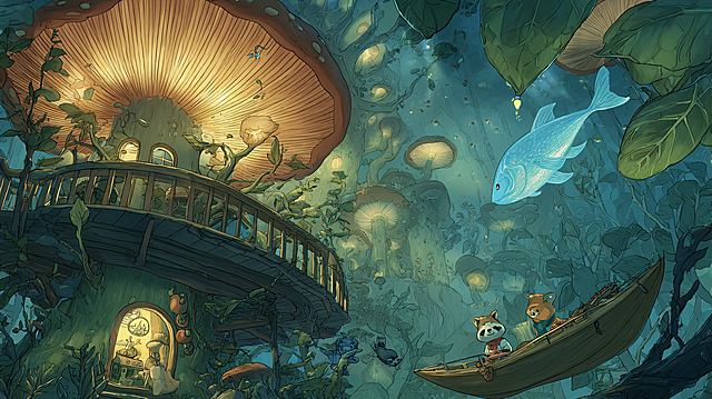 Close-up, detailed view of a magical ecosystem. A tiny, curious fish with a visible glowing spine swims up to the leaf-boat, illuminating the determined face of the pajama-clad explorer. In the background, the majestic treehouse is revealed: its balcony is a giant toadstool, lit from within, and its railings are twined with gentle, pulsing vines. A family of glowing raccoons peek from a root doorway. The style is a mix of scientific illustration wonder and fairy-tale warmth, with a focus on the symbiotic light of all living things in the scene.