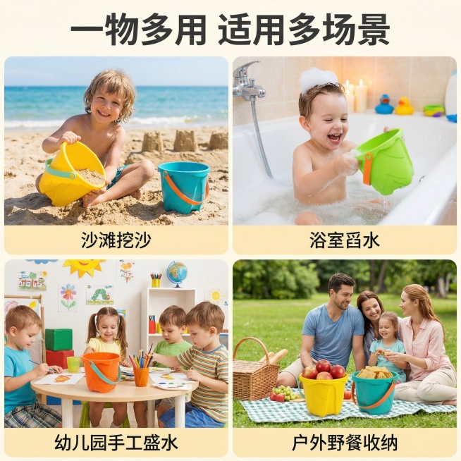 [主图 4 多场景使用展示] 儿童挖沙桶，欢乐活泼温馨自由风格，展示一物多用卖点。采用四宫格拼图设计，四个场景分别展示：沙滩挖沙、浴室舀水、幼儿园手工盛水、户外野餐收纳，每个场景都使用该挖沙桶，产品外预览效果