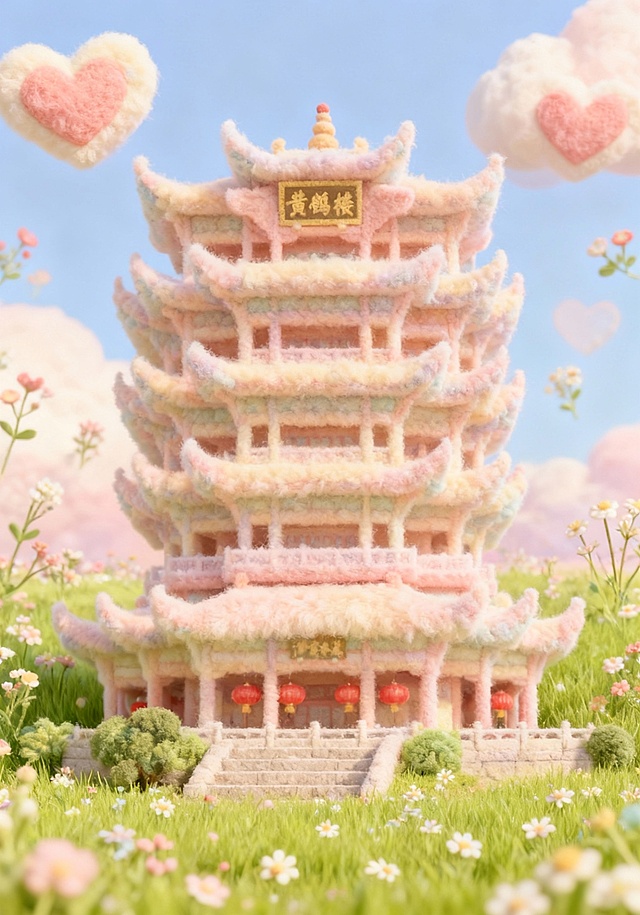 梦幻毛绒黄鹤楼，3D微缩艺术风，融入卡通感与虚拟自然，心形云朵飘浮，甜蜜可爱，春日浪漫氛围。