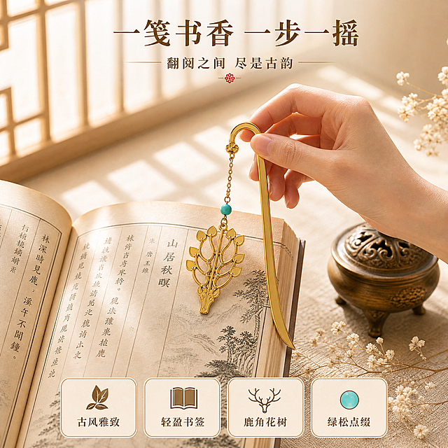 [主图-2重制] 使用场景图，背景更明亮，增加窗格光影细节；金属书签颜色、形状、细节严格参考【图7】【图8】【图9】【图10】，保持鹿头朝下、弯钩在上的方向，哑光金色，绿松石颜色，镂空叶片纹样，链条与祥云挂钩完全一致，不得改变。
[统一基调] 整体风格=国风雅致写实商业摄影；背景主色=明亮浅米金；标题字色=深棕金；辅助字色=暖棕灰；强调色=朱砂红；字体样式=宋体衬线粗体；卡片/边框样式=细金色圆角边框、浅底信息卡。
[画面] 一只手轻捏书签弯钩上端，缓缓插入一本翻开的线装古籍中，鹿头吊饰自然垂挂朝下；书页泛黄有岁月质感，桌面铺更明亮的浅米色麻布，右侧置一盏古铜小香炉，旁边散落白色干花枝条；背景有窗格投射的柔和光影条纹；书签与手部位于画面中心，产品占画面45%，45度斜侧视角。
[光影质感] 窗边更明亮的暖柔自然光从左前侧射入，窗格光影在书页和桌面形成柔和条纹；金属书签有自然哑光金色高光与反光，整体氛围静谧温暖，产品自然融入场景。
[配色] 主色明亮浅米金，背景为暖调麻布与古籍纸色；强调色朱砂红仅用于小面积装饰；古铜香炉与金色书签形成和谐暖色调。
[文字版式] 画面上方居中放主标题「一笺书香 一步一摇」，下方小字「翻阅之间 尽是古韵」；底部放四个圆角小图标卡，分别是「古风雅致」「轻盈书签」「鹿角花树」「绿松点缀」；文字横排，不遮挡书签与手部。
[输出要求] 1:1正方形800×800px，2K分辨率，文字清晰可读，产品清晰锐利；书签颜色形状细节严格与参考图一致；避免变形、错字、模糊、杂乱、水印、平台Logo、冷蓝背景、手部畸形、产品结构失真、方向颠倒。