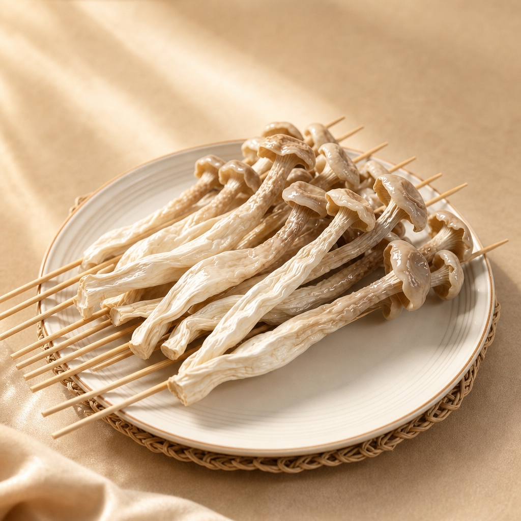 参考暖米色光影背景风格优化杏鲍菇串：保留乳白至淡褐整株杏鲍菇、… - 图片创意预览
