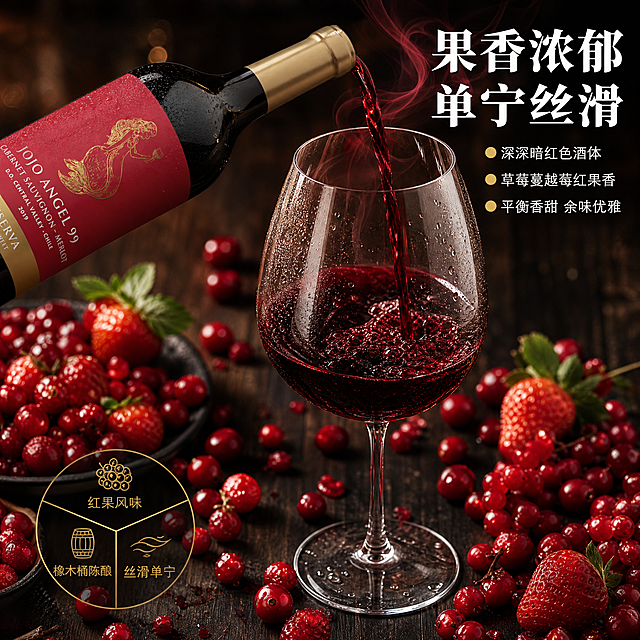 [主图-3] 红酒口感风味细节特写图，果香浓郁酒体展示。
[氛围风格] 食欲感拉满，微距细节质感，高级品酒氛围，商业美食摄影风格。
[画质] 商业摄影质感、微距细节清晰、光线通透、红酒液体质感真实、画面高级诱人。
[元素] 画面中央偏右放置一只精致的水晶高脚杯，杯中盛有深深的暗红色红酒，酒液挂杯明显，杯壁有细密的冷凝水珠。高脚杯旁边倾斜放置红标红酒瓶，瓶口微微对准酒杯，呈现倒酒状态。画面左侧和前景散落大量新鲜草莓、蔓越莓、红醋栗等红色浆果，浆果饱满多汁，表面有水珠反光。背景为深色木质桌面，有柔和的光斑散景。画面中还有细微的红酒香气可视化效果，用淡红色的波纹线条从酒杯上升起。保持红标红酒瓶外观与输入产品图完全一致，杜绝变形和色差。酒杯中红酒液体呈现深深的暗红色，通透有光泽。
[光影] 侧上方柔和主光打亮酒杯和酒液，形成晶莹的高光带，浆果表面有清晰水珠高光，暗部有细节，整体暗调高级感，突出酒液的通透色泽。
[配色] 主色深暗红+深棕暗调；辅色鲜红（浆果）、金色（瓶帽）；强调色酒液高光。
[视角构图] 微俯视视角，高脚杯为视觉中心，酒瓶在侧，浆果环绕，景深较浅，背景虚化，突出主体细节。
[文字版式] 右上区域右对齐排版。主标题「果香浓郁 单宁丝滑」，白色粗体大字带轻微阴影。下方分三行小字卖点，每行前有金色小圆点：「深深暗红色酒体」「草莓蔓越莓红果香」「平衡香甜 余味优雅」，白色字体。左下角有圆形风味轮盘小图，标注「红果风味」「橡木桶陈酿」「丝滑单宁」三个风味维度，金色线条绘制。
[输出要求] 1:1比例，文字清晰锐利可辨，超高清商业摄影质感。
[负向提示词] 变形，文字错乱，产品图模糊，背景杂乱，水印，电商平台Logo，多余的手，畸形手。