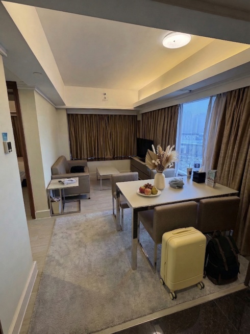 在餐桌下方的地面铺设一块浅灰色短绒长方形地毯，尺寸适配餐桌区域，边缘平整。保持原图整体酒店套房结构、光影、桌上的花瓶果盘、地面的行李箱背包和其他所有物品不变。光影匹配：原图光源来自顶面吸顶灯，地毯的光预览效果