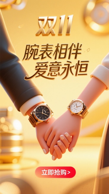 商业摄影风格，比例 16:9，高细节呈现。画面是一张温馨浪漫的照片，一对时尚情侣的手温柔相握，手部肌肤纹理细腻，指甲修剪精致。两人腕间佩戴的奢华手表，表身的金属光泽、表盘的精致刻度以及表带的细腻材质清预览效果
