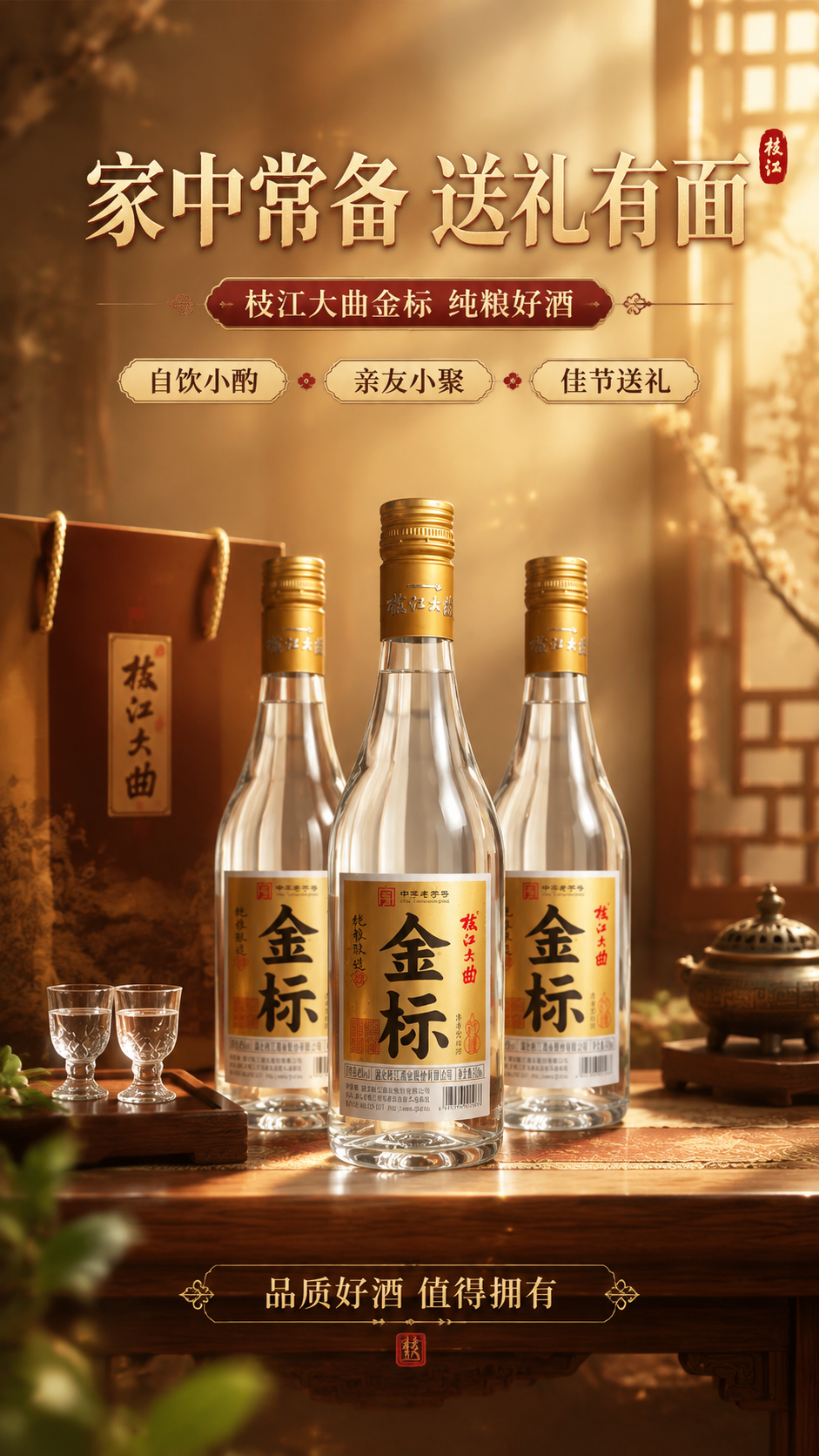[商品] 使用【图1】枝江大曲金标白酒；保留透明玻璃瓶身、金色… - 图片创意预览