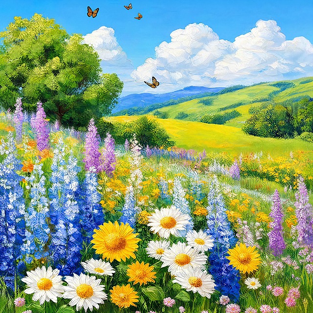 提取图中的门帘图案，完整还原门帘设计，去除中间的竖缝和拼接痕迹，去除背景的波浪纹理和布纹质感，向日葵花海油画风景图案完整还原，高清印刷质量，无门框和周围环境物体，仅保留门帘本身的平面图案，左右两半图案无缝拼接，色彩鲜艳饱满