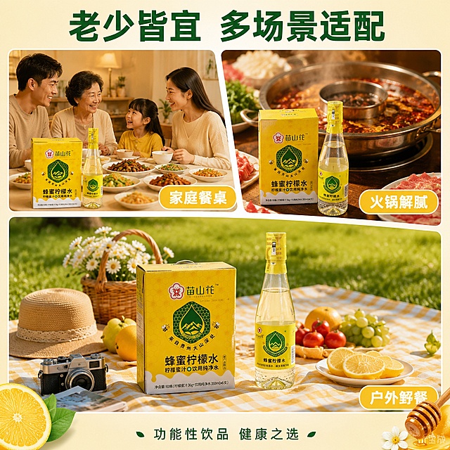 [主图-4] 蜂蜜柠檬水多场景适用拼图式场景图
[氛围风格] 生活方式场景拼贴，温馨自然，代入感强
[画质] 商业摄影质感、各场景光线自然、产品清晰真实、画面丰富
[元素] 采用画中画拼图版式，画面分为三个场景区块：左上区块展示家庭餐桌场景，桌上有家常菜和蜂蜜柠檬水，一家人用餐；右上区块展示火锅聚餐场景，红油火锅旁放着蜂蜜柠檬水，解腻搭配；下方大区块展示户外野餐场景，草地上铺着野餐垫，放着蜂蜜柠檬水和水果，阳光明媚。每个场景中都有苗山花蜂蜜柠檬水产品出现。保持产品外观（即物理结构、材质质感、颜色）与输入产品图绝对一致，杜绝任何变形和色差，精细化处理。画中画框内都带有场景名称标注。整体产品风格统一。
[光影] 各区块分别采用对应场景的自然光：左上暖黄室内光，右上暖红火锅氛围光，下方明亮户外日光。整体色调协调统一，以暖黄为主调。
[配色] 主色调蜂蜜黄+暖橙色，辅助色绿色、白色、原木色
[视角构图] 拼图式构图，三区块大小错落，下方区块最大，上方左右两个区块较小，区块间有细微白色分隔线，整体饱满
[文字版式] 画面顶部通栏主标题"老少皆宜 多场景适配"，深绿色粗体大号居中。每个画中画框右下角有小标签：左上"家庭餐桌"、右上"火锅解腻"、下方"户外野餐"，黄底白字小标签。底部有小字"功能性饮品 健康之选"。文字放在负空间和框边，不遮挡产品主体。
[输出要求] 1:1比例，文字清晰锐利，超高清商业摄影质感
[负向提示词] 变形，文字错乱，产品图模糊，背景杂乱，水印，电商平台Logo