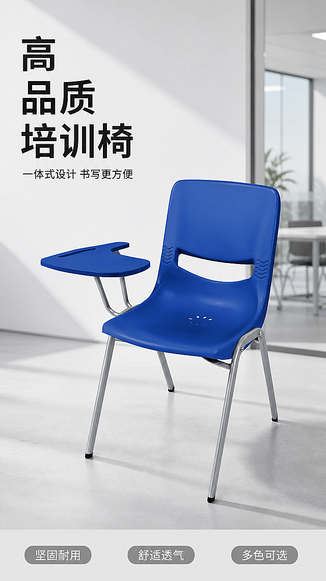[第1屏] 详情页头图-带写字板蓝色培训椅产品宣传图。
[氛围/风格] 现代简约商务风格，浅灰色办公场景背景，商业摄影质感，画面专业干净。
[元素布局] 蓝色带写字板培训椅放置在画面中心偏右下区域，占据画面60%-65%主体位置。保持产品原有结构：蓝色一体成型塑料椅身，银色金属椅腿，左侧附带写字板，椅背镂空设计，座面排水孔结构与输入产品图一致。背景为简洁现代的会议室/培训室场景，顶部和左侧预留文字区域，整体干净专业。
[光影质感] 左前方柔和主光照亮椅身，右后方形成自然投影，金属椅腿保持清晰高光反射，整体明亮通透，产品边缘清晰真实。
[配色色系] 全局底色：#F5F5F5（浅灰）；主体配色：#1E5BB8（蓝色椅身）+ #C8C8C8（银色金属）；辅助色：#333333（深灰文字）+ #888888（浅灰边框）。
[视角构图] 正面45度斜角，主椅子位于画面中心偏右下，左上区域完整留给标题和副标题，底部用浅灰色信息条承接核心卖点，背景简洁但有商务设计感。
[文字版式] 上半部分版式为左上标题+副标题+右侧产品+底部信息条。主标题"高品质培训椅"三行黑字，左对齐，字号为画面宽度7%-9%，不超过顶部区域高度20%。副标题"一体式设计 书写更方便"黑色小字，左对齐，字号约为主标题30%。底部三个卖点胶囊："坚固耐用" "舒适透气" "多色可选"，灰色底白字，均匀分布，不遮挡产品主体。
[比例分辨率] 9:16竖版比例，4K分辨率，文字清晰可辨，超高清。
[负向提示词] 椅子变形，结构错误，颜色偏差，水印，文字错乱，产品图模糊，背景杂乱。