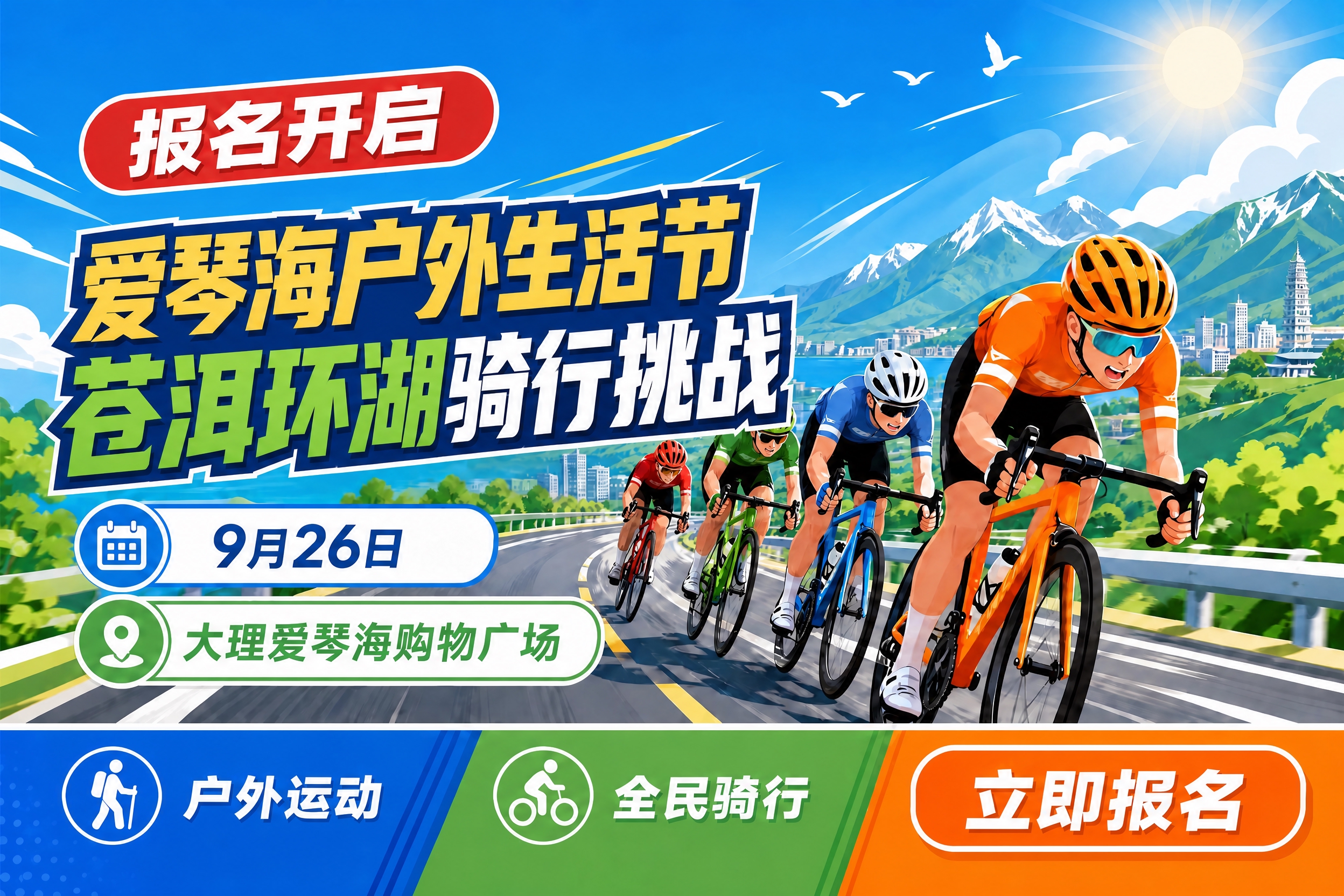 基于这张骑行海报修改主标题文字并保持骑行主视觉：主标题改为两行… - 图片创意预览