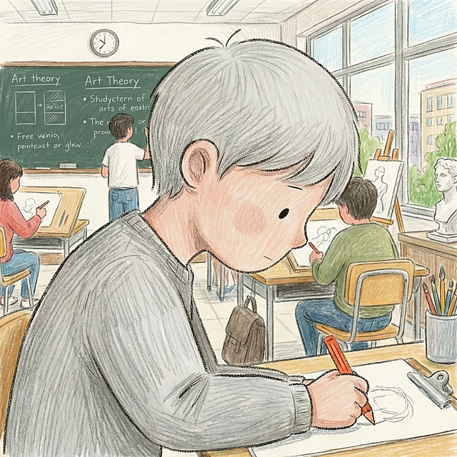 将图中的男孩形象改为19岁的大学生形象，背景改为大学专业教室靠窗位置，保持其余构图和彩铅手绘风格不变