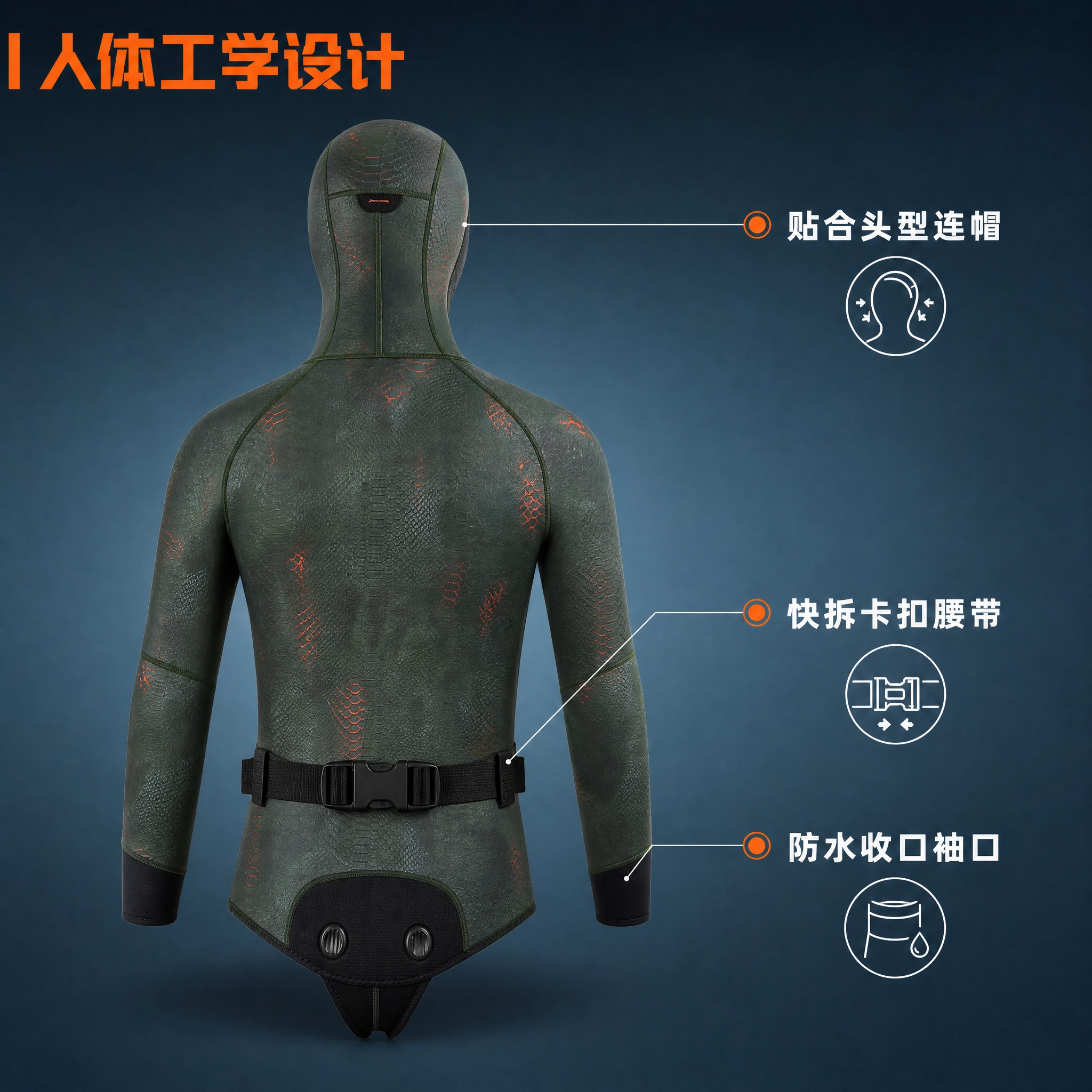 [主图-3] 3mm分体潜水服连帽上衣 结构设计与穿脱便利性展… - 图片创意预览