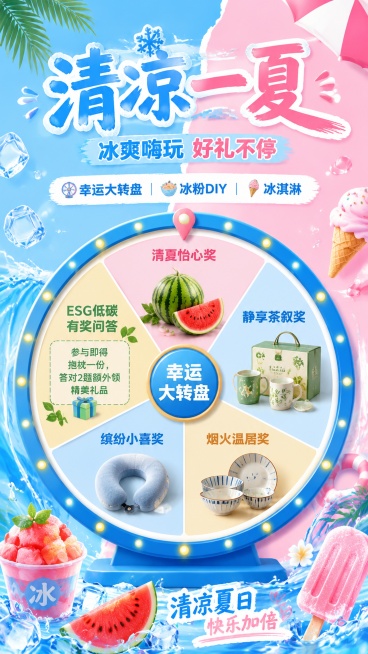设计一张9:16竖版夏日活动宣传海报，背景采用蓝色和粉色拼接撞色，主标题文字"清凉一夏"，副标题文字"冰爽嗨玩 好礼不停"，装饰文字标注"幸运大转盘 | 冰粉DIY | 冰淇淋"，画面中心放置一个尺寸预览效果