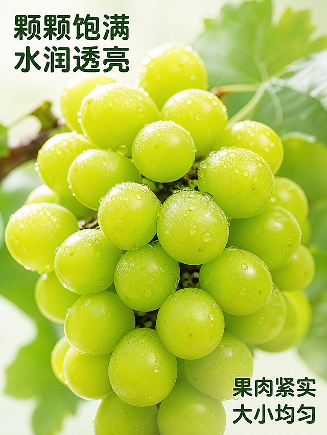 [第3屏] 详情页果实细节特写屏-阳光玫瑰饱满水润果肉展示。本屏使用【图1】作为商品主体参考，截取果实区域进行特写放大。
[氛围/风格] 微距质感，突出水润新鲜，商业生鲜水果摄影，干净通透，突出果肉颗粒饱满质感。
[元素布局] 画面中心为放大的阳光玫瑰果实特写，占据画面70%-80%主体区域，保留果实青绿颜色、圆润饱满形状和果面光泽与原图一致，果面可以带有自然细小水珠，突出新鲜度。背景为模糊的浅绿色葡萄叶，虚化处理突出主体果实，左上角和右下角保留文字区域。
[光影质感] 侧光打亮果实果面，突出果面水润高光和通透质感，果实边缘轮廓清晰，背景虚化柔和，整体干净明亮。
[配色色系] 全局底色：#F2F9F2（浅绿）；主体配色：#A6E22E（果实翠绿）+ #388E3C（叶子深绿）；文字保持深绿色。
[视角构图] 微距特写，平视角度，果实位于画面正中心，背景虚化突出主体，景深效果明显。
[文字版式] 左上角主标题「颗颗饱满 水润透亮」深绿圆角黑体字，右下方放副标题「果肉紧实 大小均匀」，文字排版不遮挡核心果实特写区域。字形沿用圆角黑体，字色仅保留深绿色，纯色填充，和首屏风格统一。
[比例分辨率] 3:4 竖版比例，4K分辨率，文字清晰可辨，超高清。
[负向提示词] 果实变形，颜色失真，水印，文字错乱，背景杂乱，果实腐败