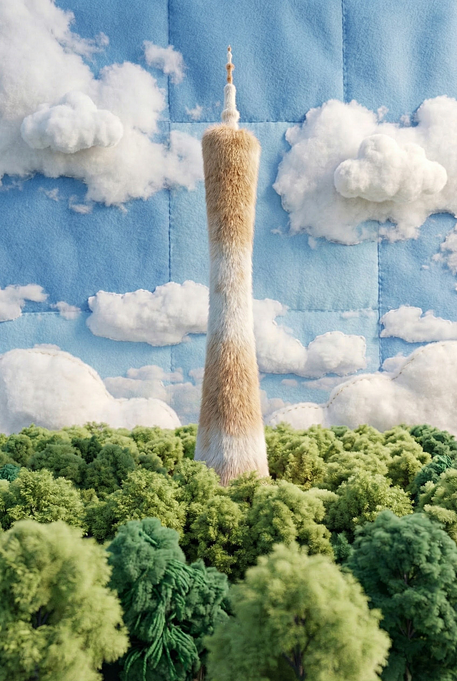 将整张图片都变得毛绒绒，广州塔保持真实广州塔的纹理和颜色，整体呈现出童话王国的氛围