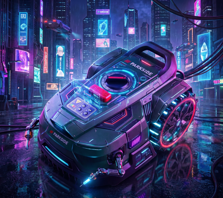 基于这张智能割草机器人图片，生成赛博朋克风格的创意图，将机器人改造为未来科幻风格，背景为霓虹城市科技园区，深色炫彩配色，充满未来科技感预览效果