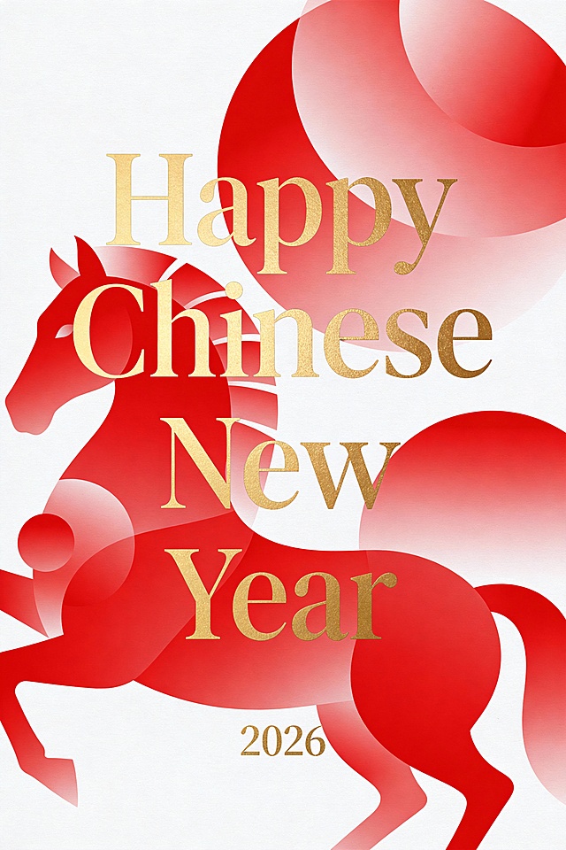 喜庆红金配色，中式剪影马形融合几何渐变，扁平风设计呈现2026年农历新年，鎏金文字增添节日质感。