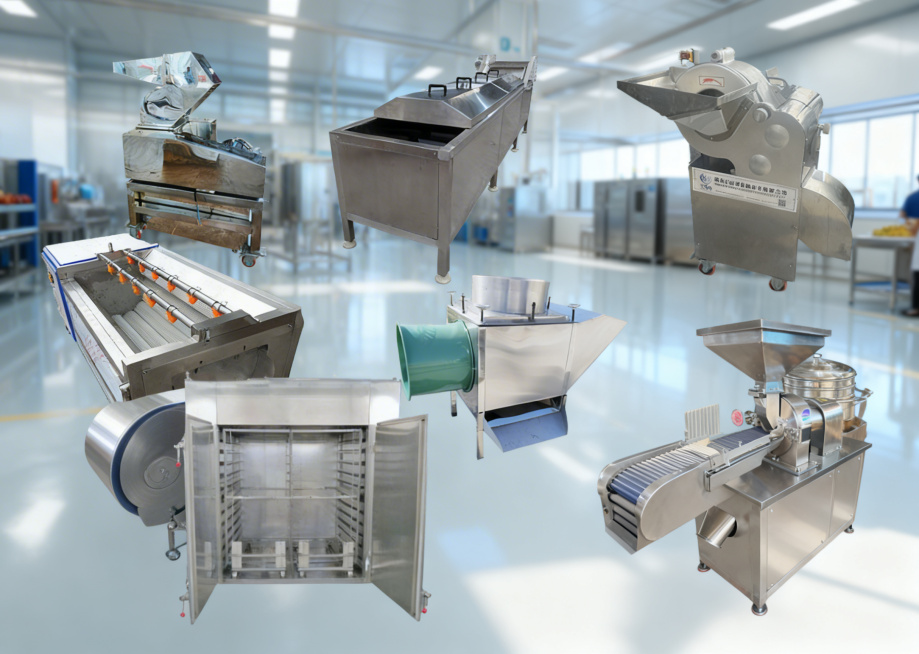 将图中的多款不锈钢食品加工设备合理摆放在干净明亮的现代化食品加工厂车间内，形成真实的工厂生产场景实拍图，设备摆放符合生产流程逻辑，光影自然，具有真实的工业质感和现场氛围预览效果