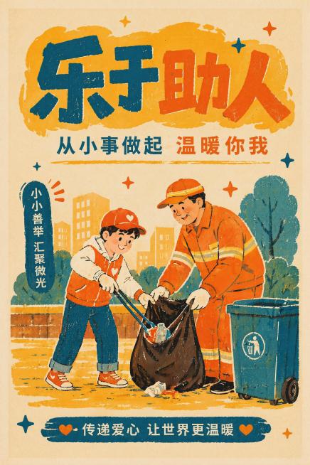 生成助人为乐主题的宣传海报，复古版画插画风格，和参考图同系列同风格，保持版式骨架和配色体系一致，主题为"乐于助人"，副标题"从小事做起 温暖你我"，装饰文案"小小善举 汇聚微光"，底部文案"传递爱心预览效果
