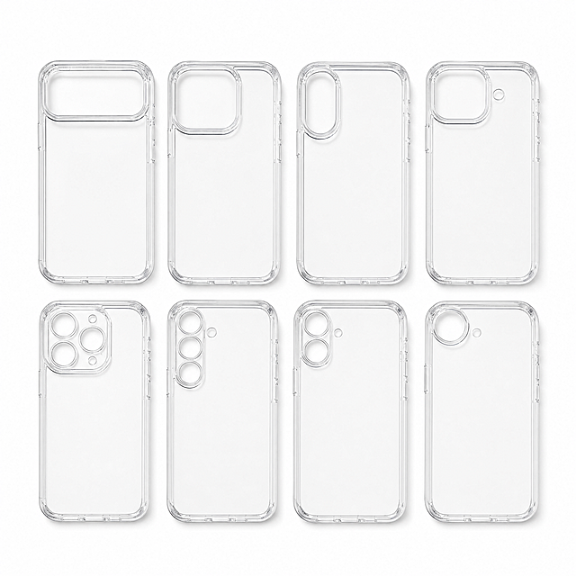 [Main Image 7] Full Set Product Display. [Atmosphere Style] Clean and simple product display. [Picture Quality] Commercial flat lay photography, neat arrangement, clear focus. [Elements] Multiple transparent phone cases of different models are neatly arranged on a pure white background, showing the complete product line. Each phone case maintains the original product appearance and high transparent texture, evenly spaced, clear outline, products account for 80% of the picture. No extra text or marketing information. [Light and Shadow] Even soft light, no strong shadows, highlight the transparent texture of each product. [Color Matching] Pure white background, simple and generous, focusing on the product itself. [Perspective Composition] Overhead flat lay, neat arrangement. [Proportional Resolution] 1:1 ratio, 2048x2048 resolution, 2K, super high definition. [Negative Prompt] Deformation, watermark, text confusion, blurred product image, cluttered background, extra markings.