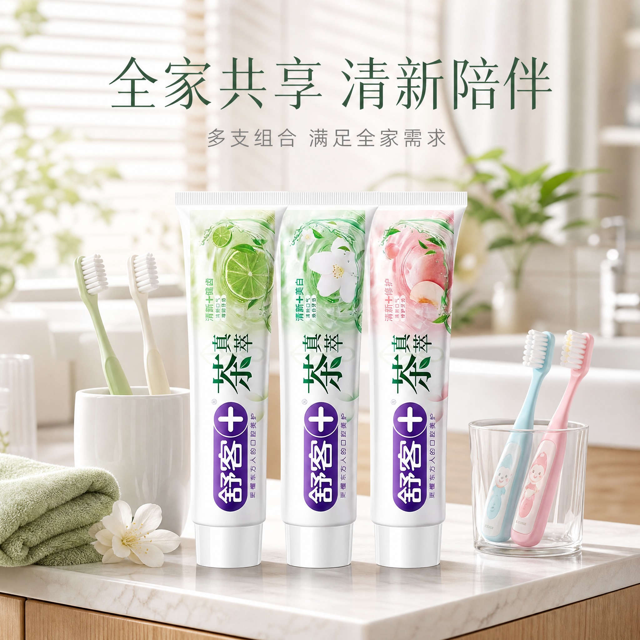 [主图-4] 茶真萃牙膏家庭使用场景图，全家够用，温馨家居洗漱… - 图片创意预览