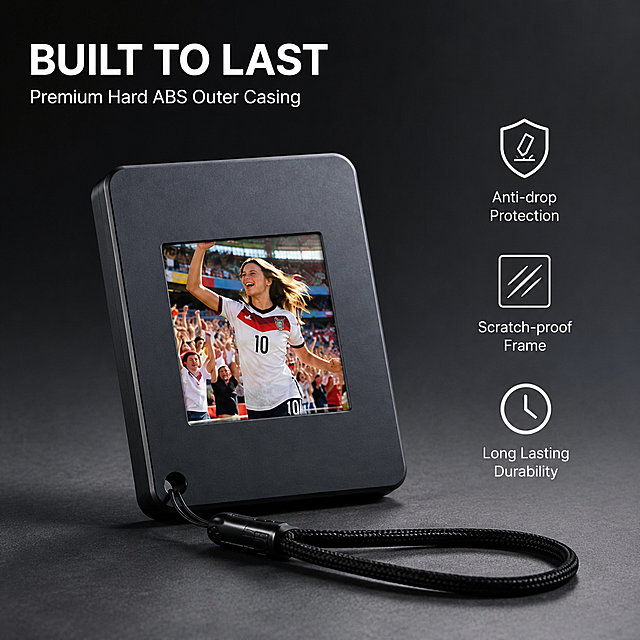 Premium hard ABS protective frame keychain main image 2, core value focus on durability and protection. Minimalist高级灰静物背景, subtle gradient dark gray studio background, quality质感 style, no多余装饰元素. Product: dark gray square ABS e-ink frame keychain with black lanyard, positioned at slight 30-degree angle to show front face and side edge thickness. Dramatic studio lighting with strong side key light creating crisp highlights on the smooth polished ABS surface, emphasizing hard rigid plastic texture, scratch-resistant glossy finish, and sturdy thick frame structure. Large bold English headline in top-left negative space: "BUILT TO LAST" in thick white sans-serif font. Below it smaller subtitle: "Premium Hard ABS Outer Casing". Three small icon+text feature rows stacked vertically on right side, each with simple line icon and short phrase: 1) drop shield icon + "Anti-drop Protection", 2) scratch icon + "Scratch-proof Frame", 3) clock icon + "Long Lasting Durability". Product occupies about 60% of frame. Keep product appearance, structure, material and color exactly consistent with input product image. Ultra high definition commercial photography, cinematic lighting, deep shadows, premium质感. 1:1 square ratio. Negative: deformed, text garbled, blurry product, watermark, e-commerce logo, Chinese text, cheap plastic look.