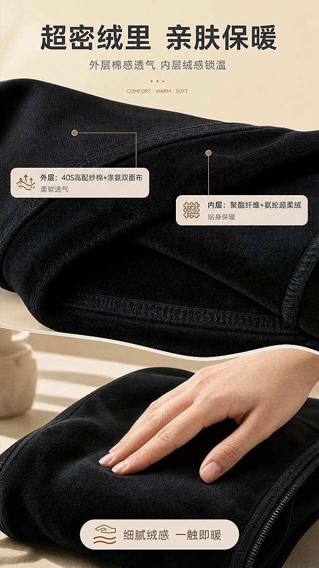 [商品] 使用【图5】黑色超密绒内里特写；商品处理：保留外层棉感面料、内层超柔绒面、锁边缝线、包边工艺和黑色材质；自然理顺面料褶皱，增强绒面细腻光泽、织物质感和缝线工整度，不改变材质结构和颜色。
[画面] 目标：面料质感解析，突出柔软透气亲肤，强调贴身穿着体验。构图：上下结构竖版9:16，上半部分为面料微距特写（外层棉面+内层绒面对比展示），下半部分为一只手轻触绒面的触感动作，产品面料占画面约70%。前中后景：前景绒面微距细节清晰可见绒毛纹理，中景手部轻触动作自然，后景为浅米色哑光台面与柔和投影，营造高级质感氛围。
[视觉] 套系策略：风格=温馨柔和、简约高级商业摄影；标题字=现代无衬线粗体中文；正文字=简洁无衬线体；主色=暖米杏；背景延展=基于暖米杏做深浅层级、同色渐变和细腻织物/哑光墙面质感；强调色=深焦糖棕，仅用于小面积图标、引线和标签；标题色=深炭灰；正文色=中暖灰；组件=圆角浅底信息卡、细线引线、轻量英文装饰；光影=左前侧暖柔光，侧光突出绒面立体纹理，阴影柔和自然。
[文字] 上方主标题「超密绒里 亲肤保暖」，副标题「外层棉感透气 内层绒感锁温」；中部左右分栏2个信息点：左侧「外层：40S高配纱棉+涤氨双面布 柔软透气」，右侧「内层：聚酯纤维+氨纶超柔绒 贴身保暖」；底部加触感图标与「细腻绒感 一触即暖」短句；文字均横排，不遮挡面料核心纹理和手部动作。
[规格] 图片比例9:16竖版，4K分辨率，medium质量。避免变形、错字、文字过小、冷蓝/蓝灰背景、面料颜色改变、材质失真、极限词、平台Logo水印。