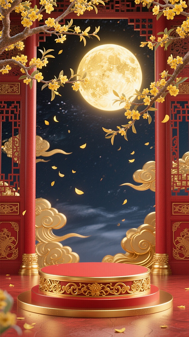 红金为主色调，画面下方是带金色装饰的红金色圆形展示台，后方夜空中悬着明亮的金色圆月，两侧有红金色雕花立柱（含中式镂空门窗细节），立柱周围环绕金色祥云，上方及四周点缀开满黄色花朵的桂树枝干（花瓣飘落）