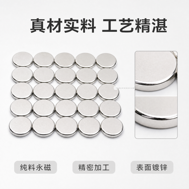 [主图-3] 钕铁硼磁铁材质工艺细节主图。
[氛围风格] 简约专业高大上工业品质风；
[画质] 商业摄影质感、光线柔和通透、产品清晰真实、画面干净高级。
[元素] 多片圆形钕铁硼磁铁中部整齐平铺，放大预览效果