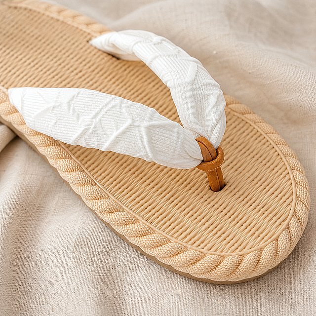 Amazon main image 3 feature highlight. Close-up shot of women's white textured strap flip flops with woven beige sole, focusing on the crinkled white fabric strap texture and the brown leather knot detail at toe post. The sandal is placed on a light beige linen fabric surface with soft natural folds. Side 45-degree angle view. Keep the slipper style, structure, material texture, and color exactly the same as the reference product image, no deformation, no color difference. Soft diffused natural light, gentle shadows. Minimalist composition, neutral warm color palette. Ultra high definition commercial product photography, macro details of fabric texture and woven sole pattern. 1:1 square ratio. No text, no logo, no watermark.