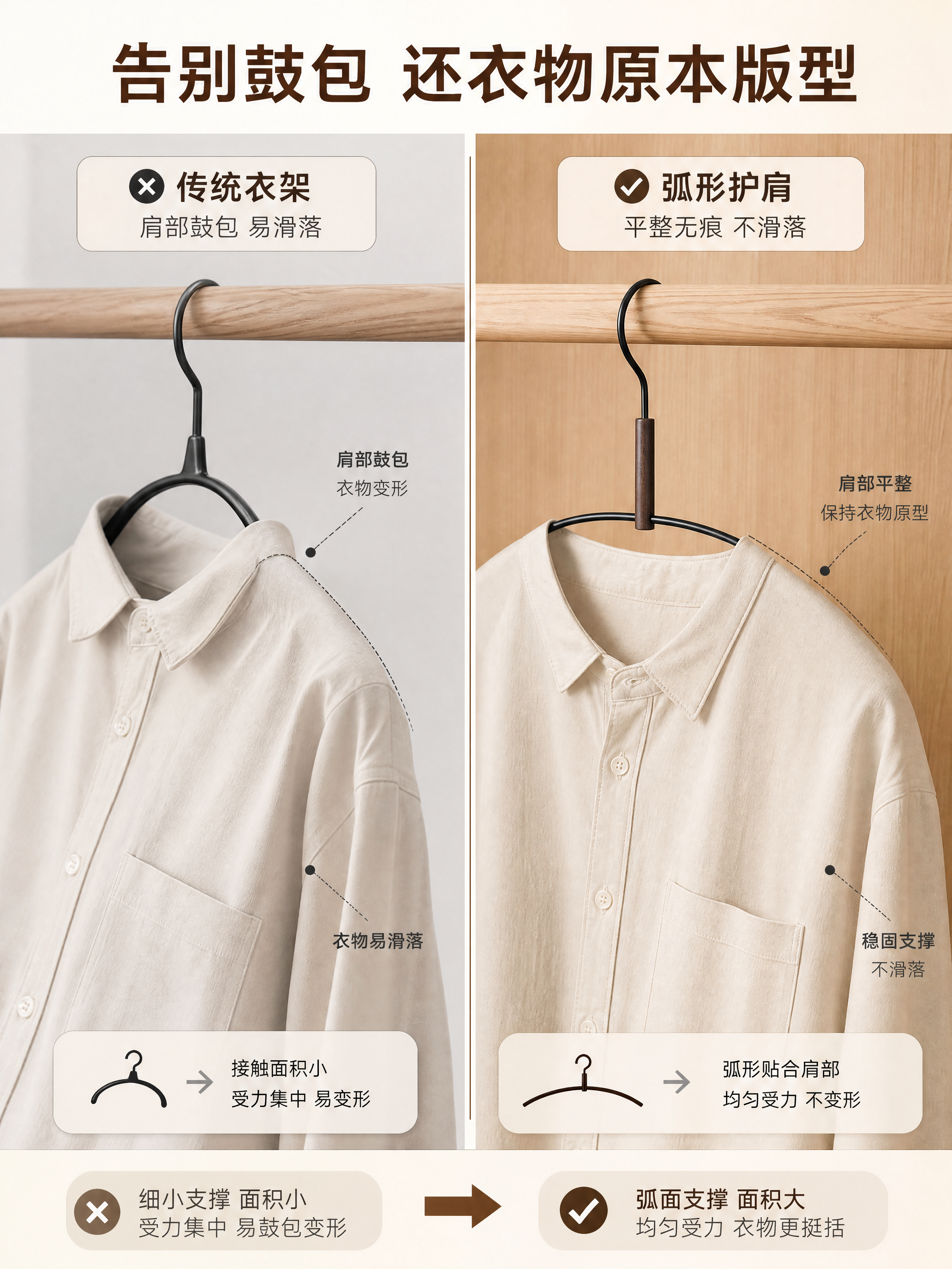 [商品] 使用【图1】黑金属弧形衣架，深胡桃木色实木横杆，哑光… - 图片创意预览