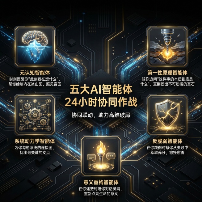 参考上传的对标思维模型详情图的风格，重新生成AI智能体协战展示图，画面展示五个代表不同智能体的科技感图标，分别对应：元认知智能体，时刻提醒你“此刻我在想什么”，帮你绘制内在冰山图，照见盲区；第一性原理预览效果