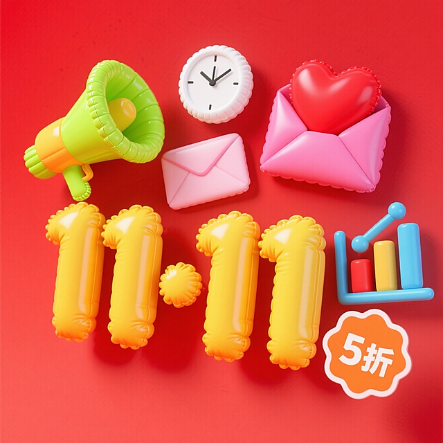 软3D充气风设计，结合卡通元素与波普艺术色彩，营造可爱促销氛围，突出11.11节日主题与5折优惠信息。