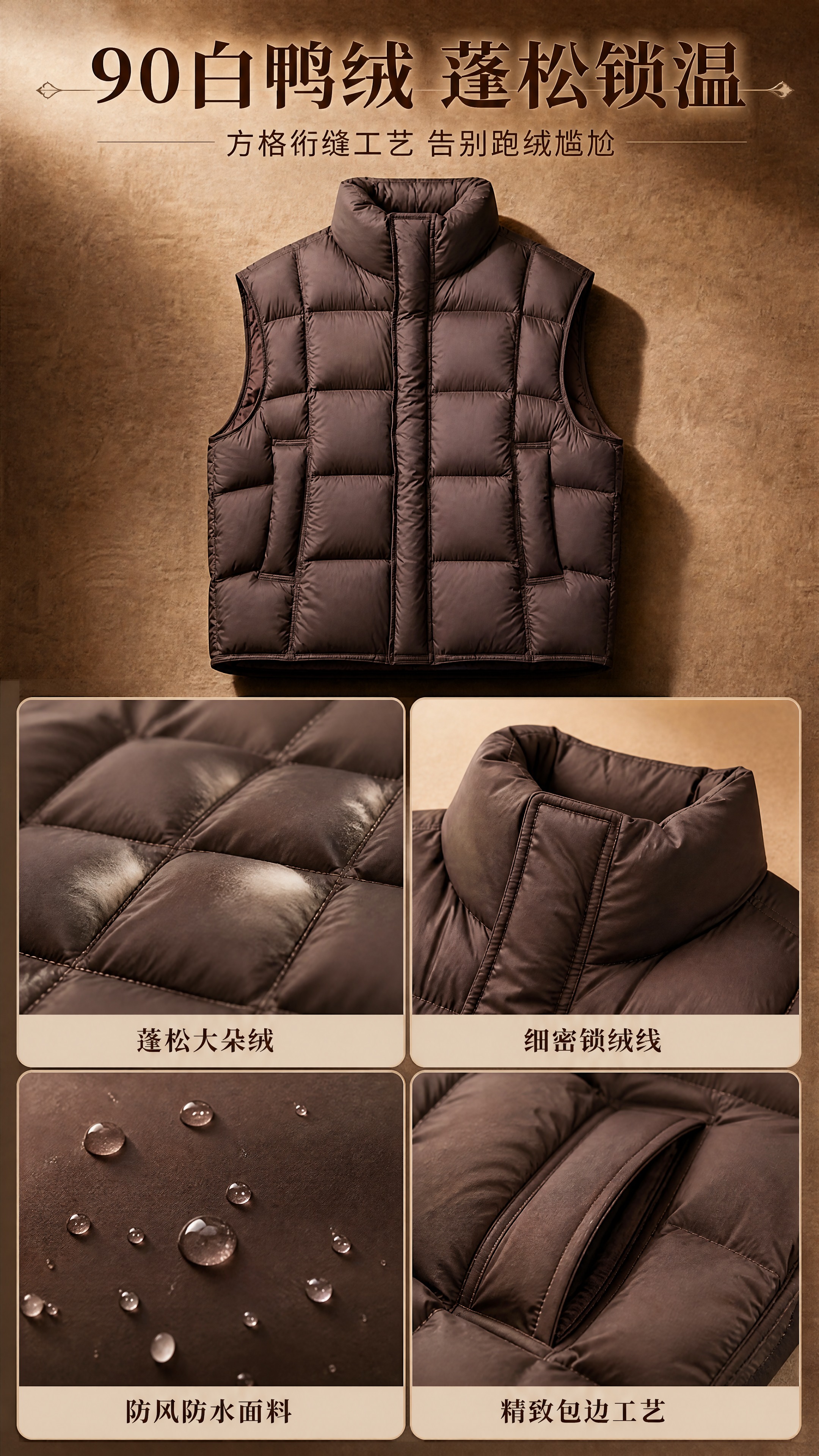 [商品] 使用【图1】深棕色立领方格绗缝羽绒马甲；商品处理：保… - 图片创意预览