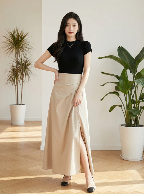 保留这套黑色短袖针织上衣+米色设计感不规则高腰开叉长裙的所有款式、配色和褶皱细节不变，替换模特姿势和背景，生成一张高点击率高转化率适合淘宝的女装套装主图，风格简约气质，凸显身材比例预览效果