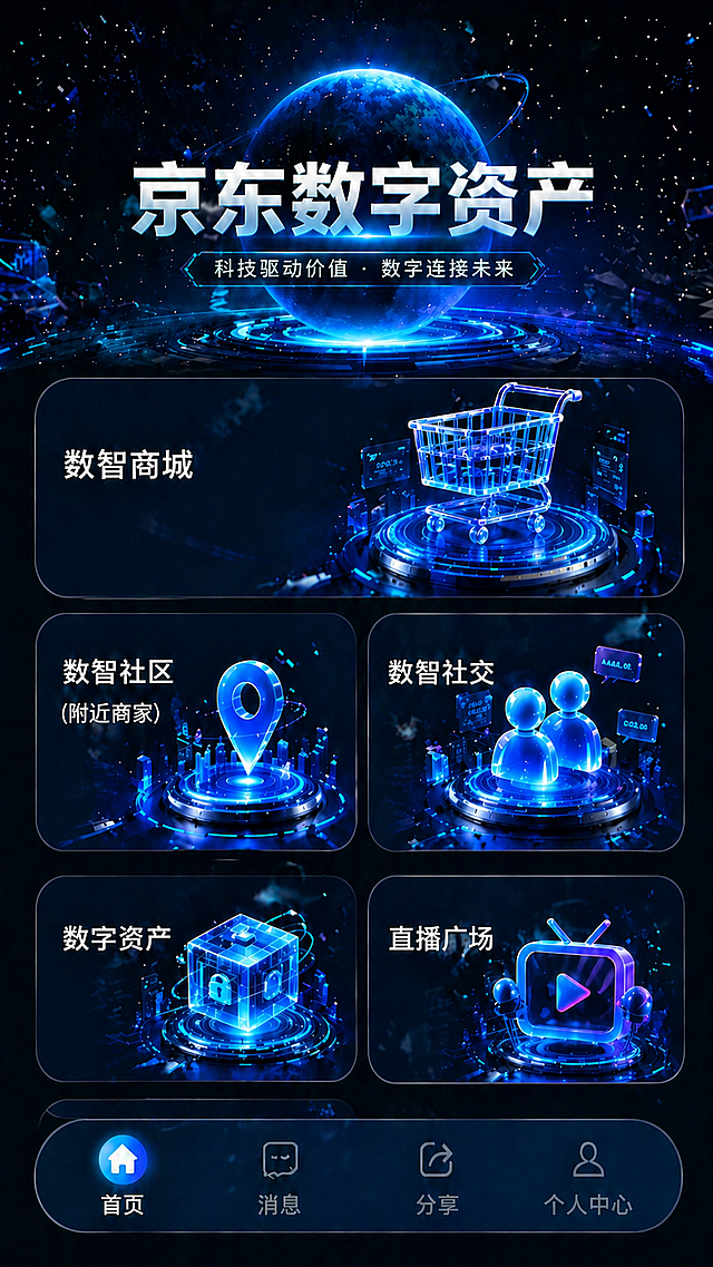 删除页面最下方的"数智社交"功能区块，调整整体布局，保持现有功能区块排列协调，保持整体蓝色科技水晶风格不变，其他内容不变。