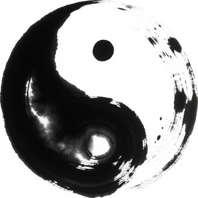 一幅以白色为背景的水墨风格太极图，保持传统阴阳鱼的基本结构和平衡感，但太极的轮廓和内部纹理采用了更具动感和层次感的水墨晕染效果，黑色墨色从中心向边缘呈现出浓淡不一的渐变，带有自然的墨点飞溅和水墨交融的流动笔触，整体画面简洁而富有东方禅意，黑白对比鲜明，水墨的韵味十足。预览效果