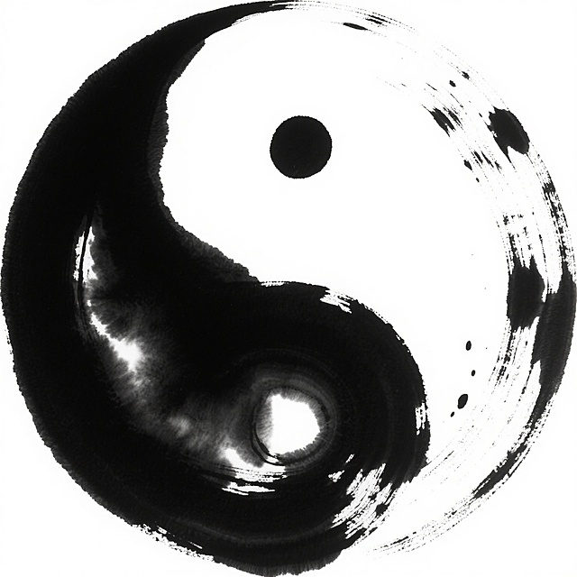 一幅以白色为背景的水墨风格太极图，保持传统阴阳鱼的基本结构和平衡感，但太极的轮廓和内部纹理采用了更具动感和层次感的水墨晕染效果，黑色墨色从中心向边缘呈现出浓淡不一的渐变，带有自然的墨点飞溅和水墨交融的流动笔触，整体画面简洁而富有东方禅意，黑白对比鲜明，水墨的韵味十足。