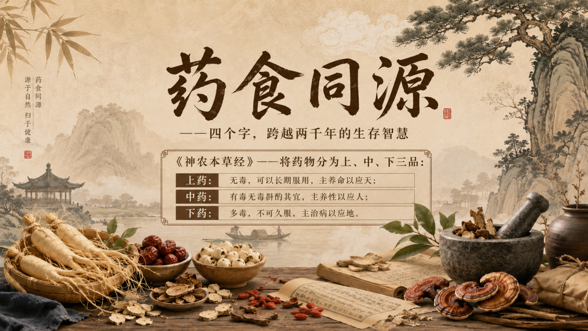 在原图基础上修改，添加《神农本草经》分类文字内容：《神农本草经》——将药物分为上、中、下三品：上药：无毒，可以长期服用，主养命以应天；中药：有毒无毒斟酌其宜，主养性以应人；下药：多毒，不可久服，主治病预览效果
